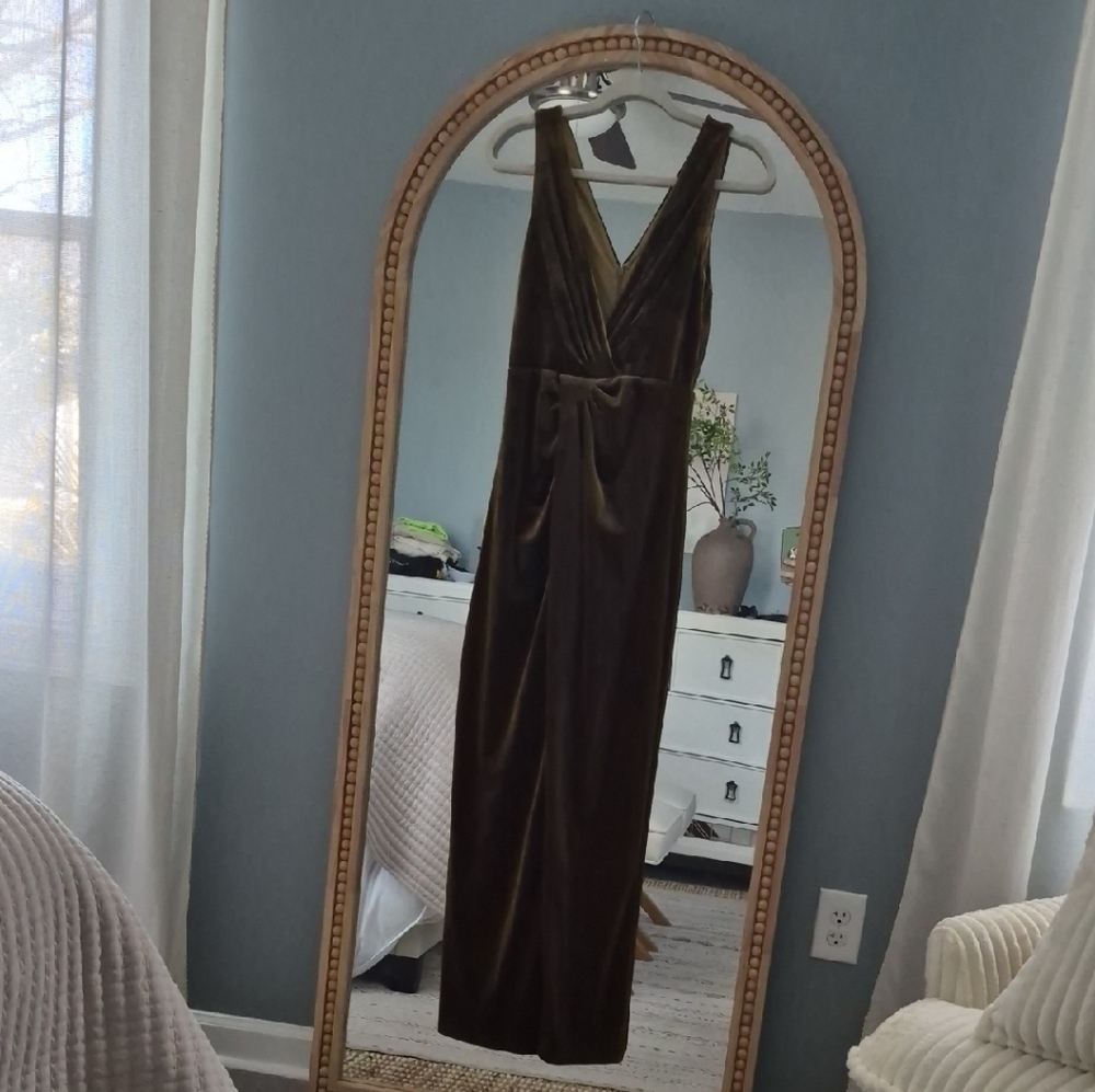Lulu's Olive Long Wedding Guest Event Dress With Leg Slit